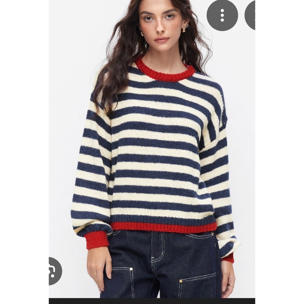NWT CIDER Blue & White Striped Mohair Blend Sweater Contrast‎ Red Nautical Sz S
